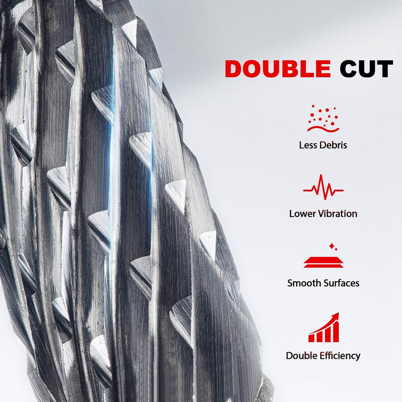 HAUTMEC 5Pcs Tungsten Carbide Rotary Burr Bit YG6, 1/4" Shank Double Cut Die Grinder Bit with Belt Pouch, Low Vibration Precision Rotary File for Metal Grinding, Engraving & Deburring (6MM), HT0453 6MM | 5Pcs Set