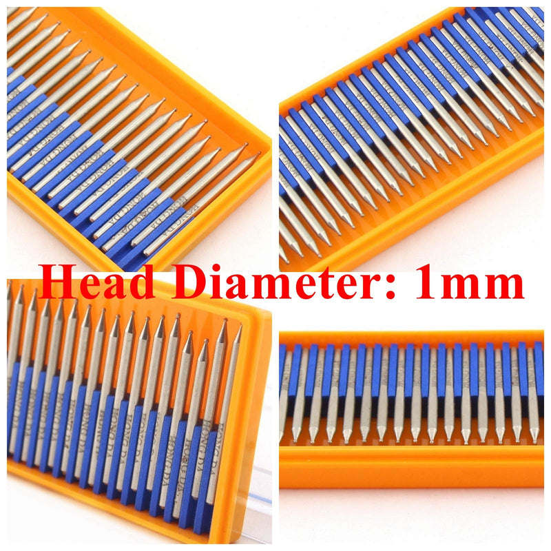 JINGLING Diamond Grinding Bits 1mm Spherical Head Carving Ball Bur Pack of 30Pcs Head Diameter 1mm
