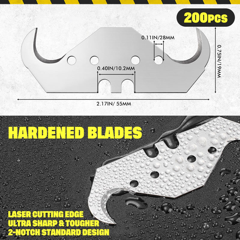 200 Pcs Utility Hook Blades SK5 Carbon Steel Hook Razor Knife Blades with 2 Notches 4 Holes for Roofing and Carpet
