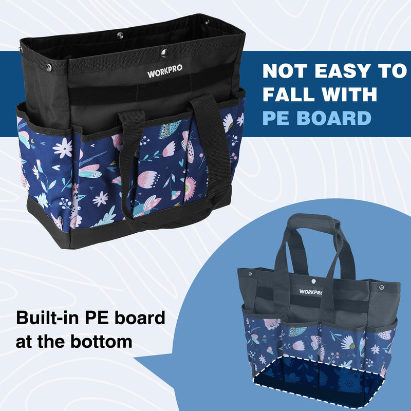 WORKPRO Garden Tool Bag, 9 Pockets Garden Tote Bag, Heavy Duty Oxford Garden Tool Storage Bag, Gardening Tool Kit Holder (Tools NOT Included), 12" x 12" x 6" (Blue Insects) Blue Insects