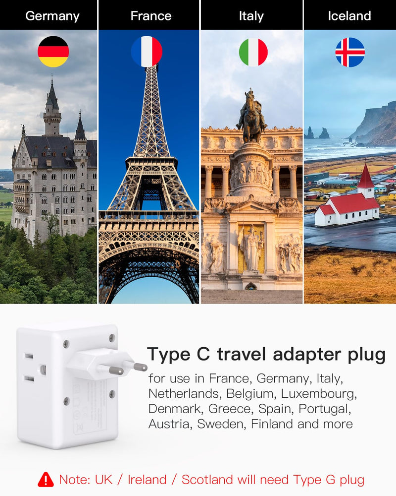 2 Pack European Travel Plug Adapter, International Power Plug Adapter with 3 Outlets 3 USB Charging Ports(2 USB C), Type C Plug Adapter Travel Essentials to Most Europe EU Spain Italy France Germany Type C Most of Europe - 2 PACK