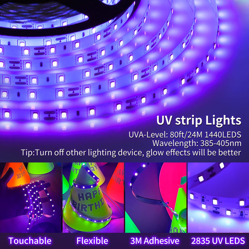 Black Light Strip, 79ft/24M Flexible LED Black Light with kit, 1440 Lamp Beads, 12V Black Light, Halloween Christmas Decoration, Non-Waterproof for Fluorescent Dance, Birthday, Glow Party