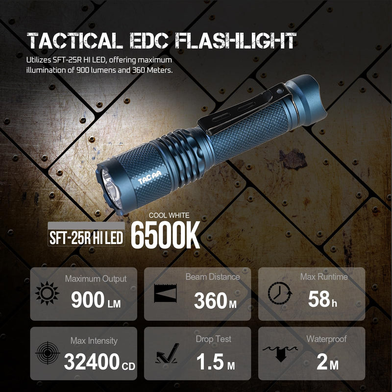 ACEBEAM TAC AA 2.0 Longest-Range AA Flashlight 360 Meters, 900 High Lumens Tactical EDC Flashlight Rechargeable, 6 Modes Pocket LED Super Bright Small Mini Flashlight for Camping, Home(SFT-25R HI) Blue 6500K-900 Lumens 360 Meters