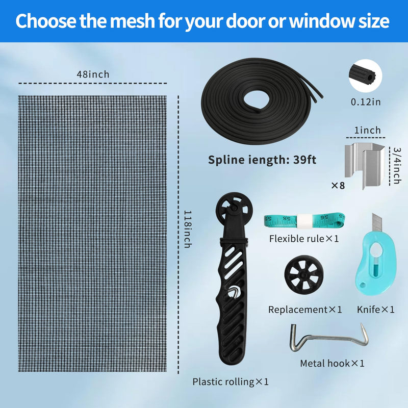 Window Screen Repair Kit, 48"x118" Screen Door Mesh Replacement Kit, Durable Fiberglass Black Window Screen kit with Tools, Rolling, Hook, Spline, Clips for Windows Doors Patio and Porch