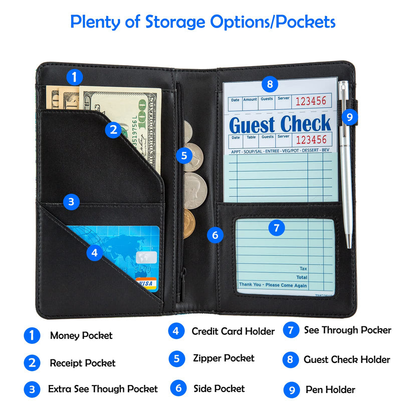 Server Books for Waitress,Cute Pocket Leather Money Organizer Wallet Note Pad Cash Bill Restaurant Guest Check Book Holder Pocket Presenter Fit Server Apron Waitress Book (Blue flower) Blue flower