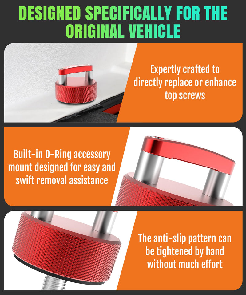 Remove Thumb Screws for Jeep Wrangler JK JL Gladiator JT, Hard Top Mounting Screws with D-Ring, Aluminum Stainless Steel Construction, Complete 6-Pc Kit with Washers Red