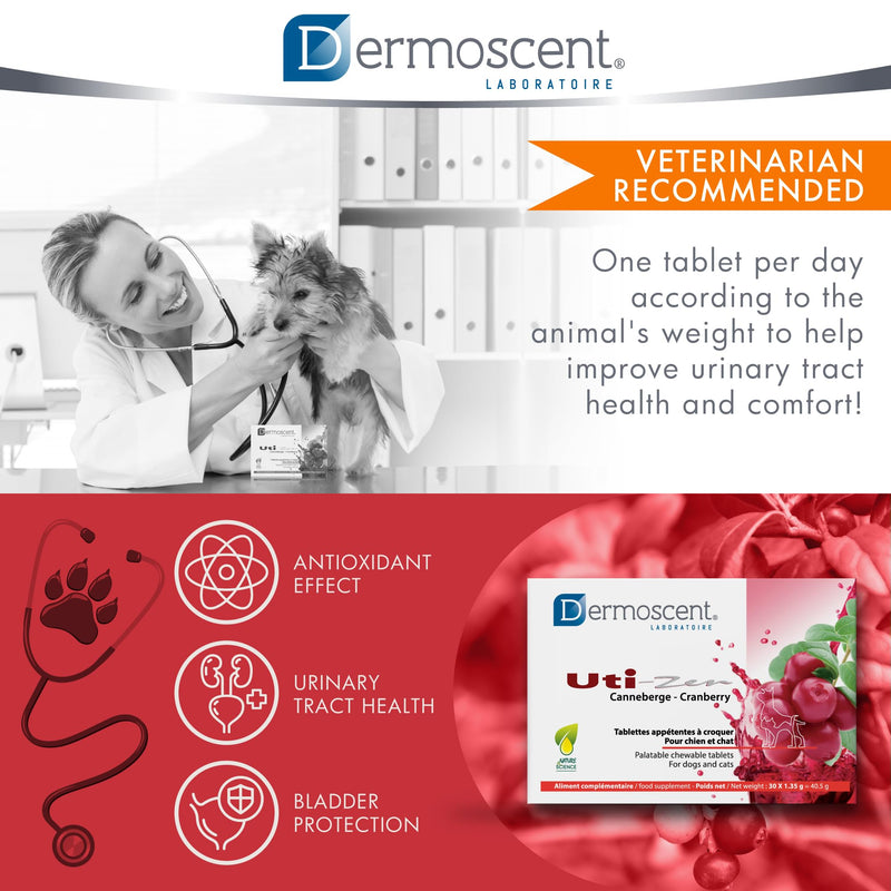 Dermoscent UTI-Zen Cranberry Tablets for Dogs & Cats Food Supplement for Bladder, Kidney & Urinary Tract Health Chicken Flavoured - 30 Tablets