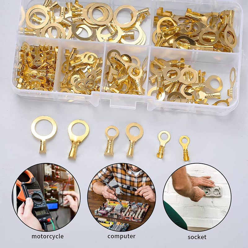 160 Pcs Copper Ring Terminals, M3/M4/M5/M6/M8/M10 Brass Wire Connectors, Open Barrel Wire Ring Cable Lugs Crimp Kit, Brass Copper Ring Crimp Cable Terminals Electrical Terminals Kit