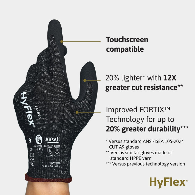Ansell HyFlex 11-591 Industrial Ultra-Light Safety Gloves for Auto, Glass, Metal Fabrication, Machinery, Pulp, and Paper, Size 10, Black (Pack of 1) Size 10 (XL) Cut Level A9 1 Pair