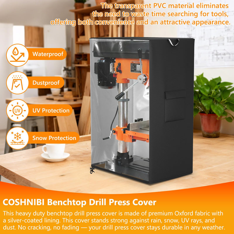 COSHNIBI Benchtop Drill Press Cover,Fit Most 12-Inch Mini Drill Press on the Market,with Side Pocket and Transparent PVC Design,25.5"D x 17.3 "W x 38.5 "H,Black