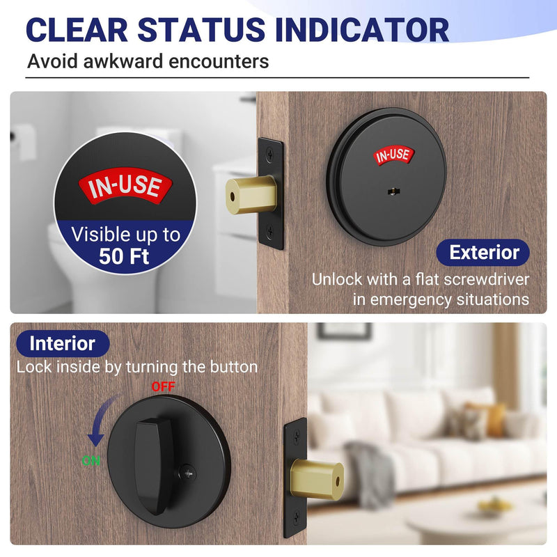 Commercial Grade 2 Occupancy Indicator Deadbolt, Heavy Duty Privacy Bathroom Lock, UL 3-Hour Fire Rated, 304 Stainless Steel, Fits Door Thickness 1-3/8" to 2" (1, Black)