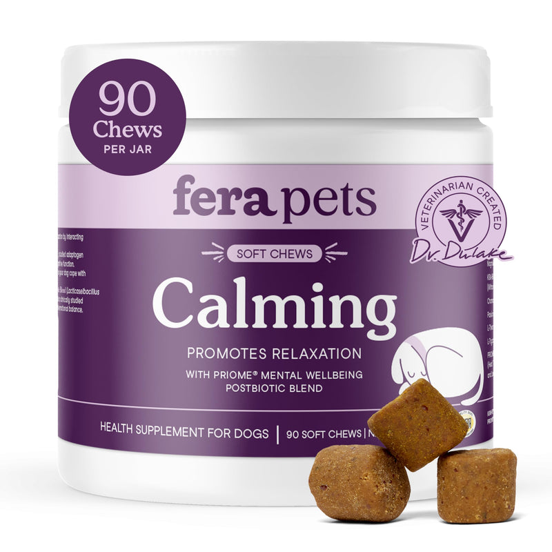 Fera Pets Dog Calming Chews - Helps Manage Everyday Stress & Separation - Promotes Relaxation - Ashwagandha & Priome® Mental Wellbeing Postbiotic Blend - 90 Soft Chews 90 Chews
