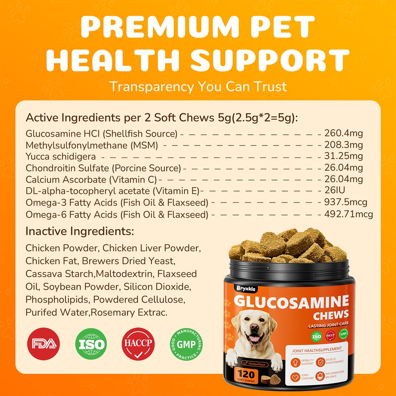 Dogs Joint Health Supplement - Glucosamine, Chondroitin, MSM, Omega 3 - Hip & Joint Pain Relief Soft Chews for All Breeds and Sizes, Chicken Flavor - 120 Count