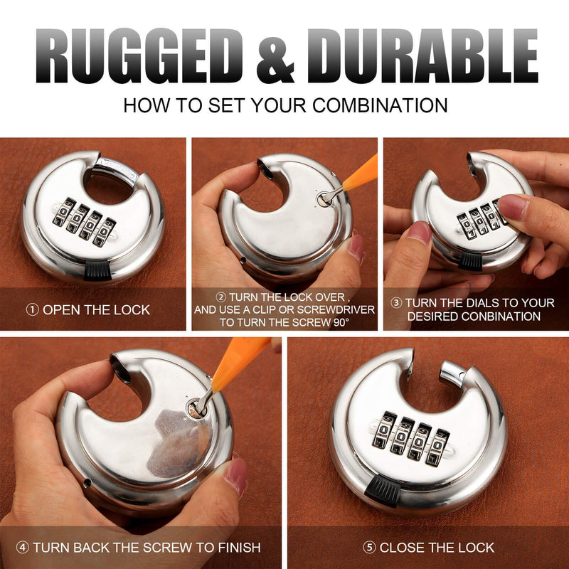 Rohuis Round Combination Lock, Uncuttable Combination Disc Padlock, 3/8 Inch Shackle Outdoor Combo Lock Pad Lock for Storage Unit, Garages, Fences (2 Pack) Silver 2pcs