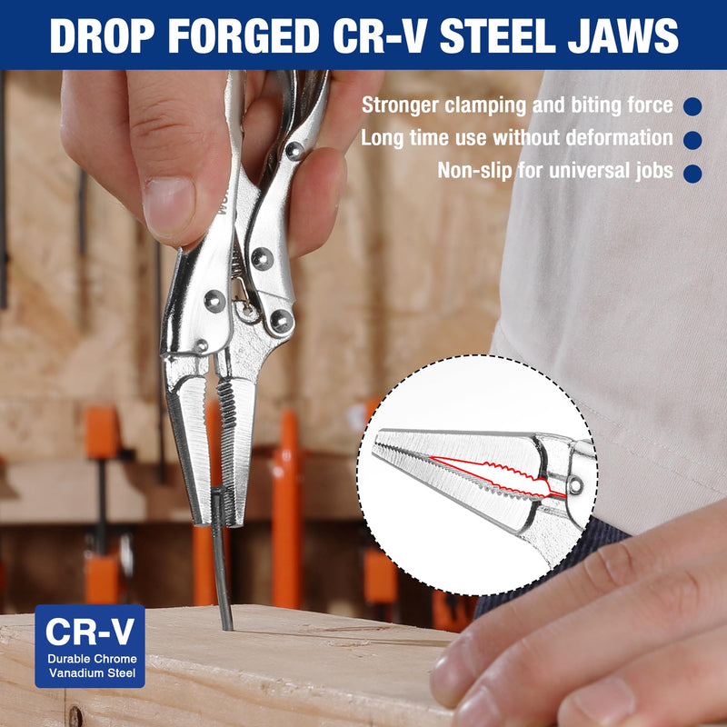 WORKPRO 4-1/2 inch Long Nose Locking Pliers, Chromium-Vanadium Steel Locking Pliers, Locking Adjustable Vise Grips for Clamping Twisting Welding 4-1/2"