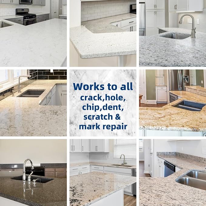Marble and Granite Repair kit Porcelain Marble Stone and Quartz Countertops Repair kit for Chips Dents Cracks Holes Scratchs, Fix Chipped Edges Corners, Reattaches or rebuilds Missing Pieces