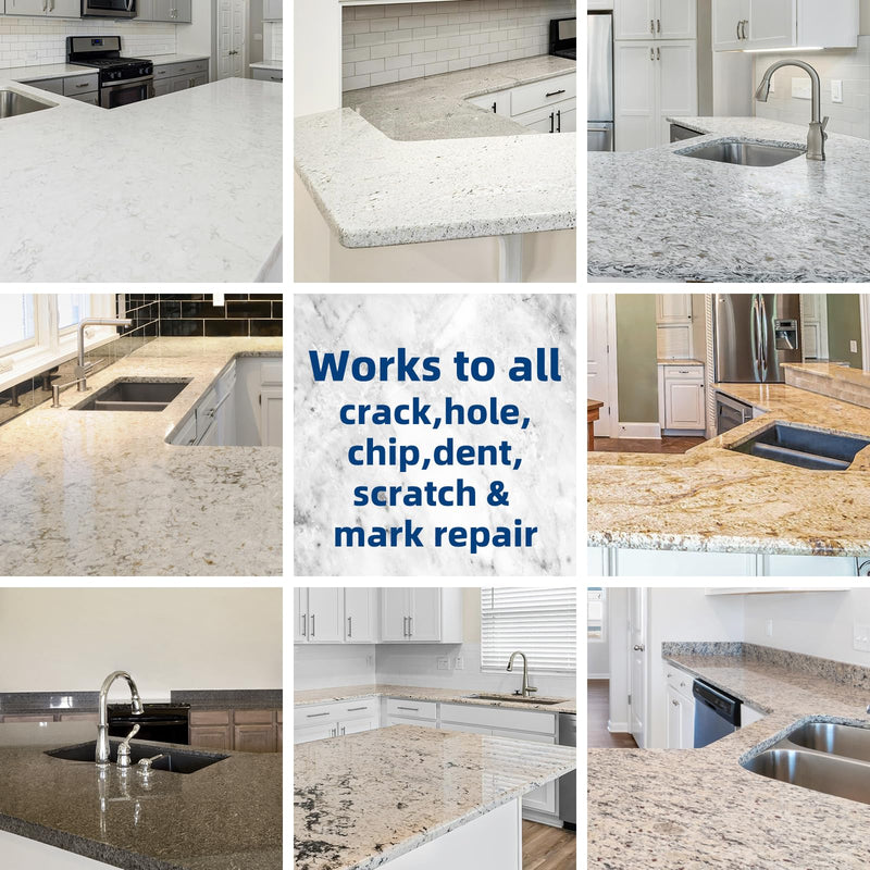 Marble and Granite Repair kit Porcelain Marble Stone and Quartz Countertops Repair kit for Chips Dents Cracks Holes Scratchs, Fix Chipped Edges Corners, Reattaches or rebuilds Missing Pieces