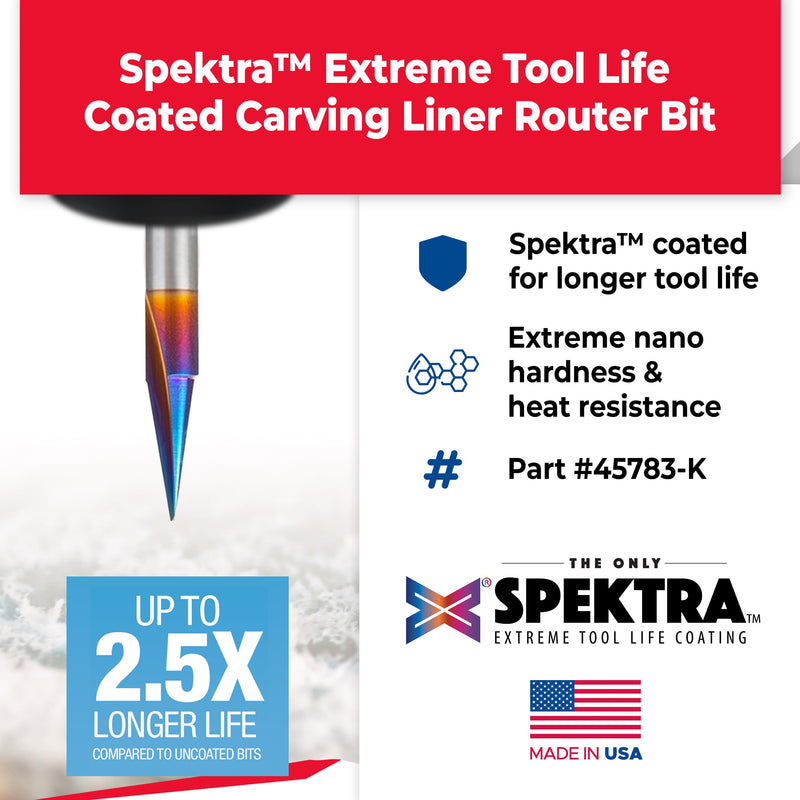 Amana Tool Spektra Extreme Tool Life Coated Solid Carbide Carving Liner Router Bit, 45783-K, 18 Degree x 1/4 D x 5/8 CH x 1/4 Shank x 2-1/2 Inch Long Single Flute