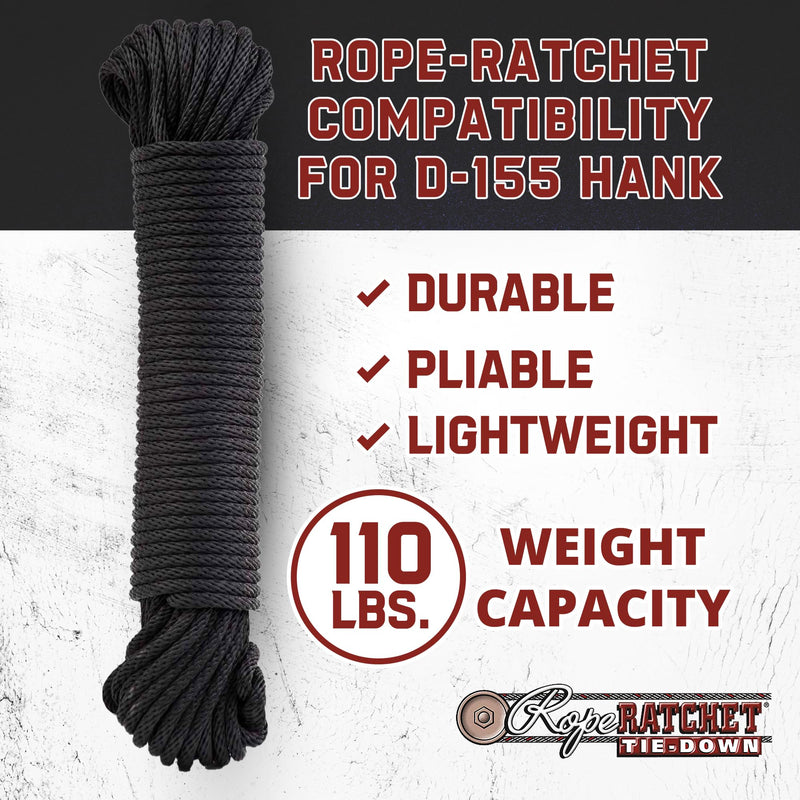 Rope Ratchet 3/16" 50 ft Solid Braided Polypropylene Rope, Heavy Duty, Weatherproof Utility Cord for Camping, Tie Down, Securing, Indoor & Outdoor Use, 110 lbs Capacity - Black Black-hank B