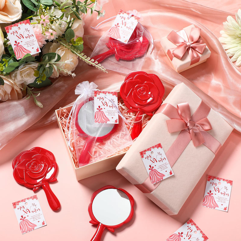 Sintuff 24 Set Rose Compact Mirrors Bulk Quinceanera Wedding Party Favors for Guests Rose Design Compact Mirrors Thank You Cards with White Organza Bags for 15 Birthday Wedding Party Favors(Red) Red