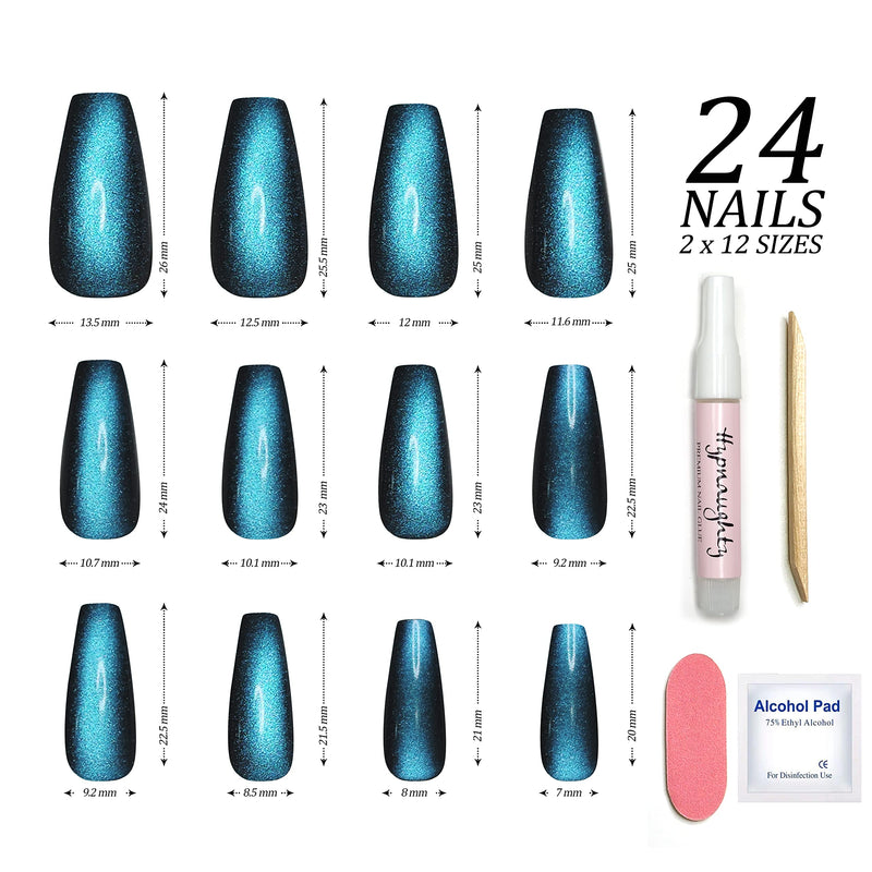 Hypnaughty Press On Nails - Ocean & Galaxy Cat Eye Coffin, Trendy & Salon Quality Reusable Nails With Kit