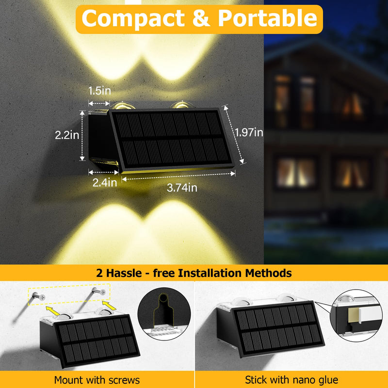 Solar Fence Lights Outdoor Waterproof, Warm & Cool White RGB Dusk to Dawn LED Wall Mount Sconce Light Up & Down Deck Lights Solar Powered for Outside Garden Patio Backyard Garage(6 Pack) 6 PK Black