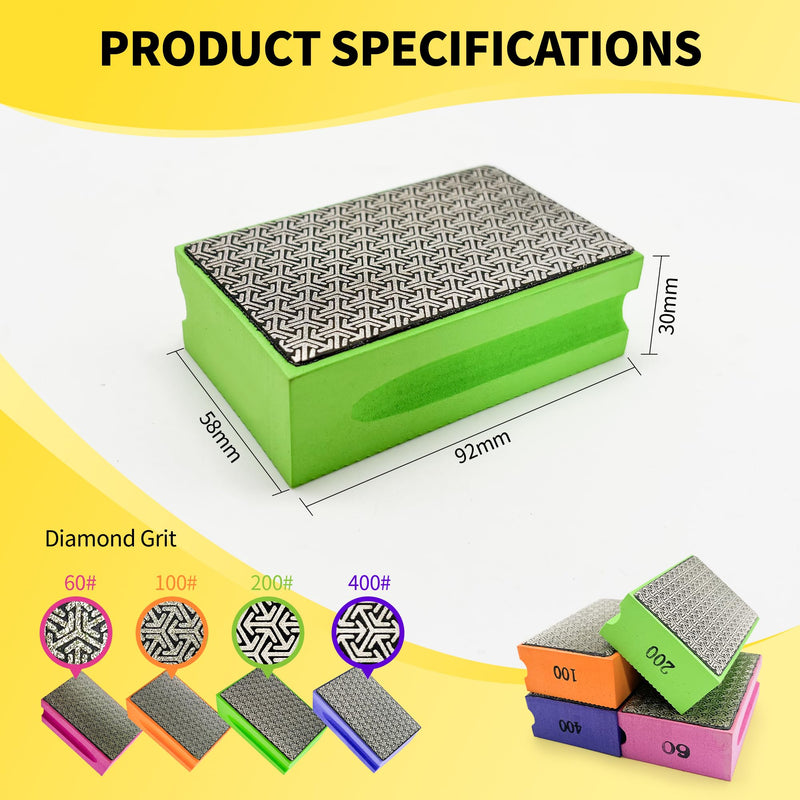 Diamond Hand Polishing Pads, 4PCS Diamond Sanding Pads with Foam Backing 60/100/200/400 Grit,Sanding Block for Glass Wood Ceramic Marble Metal Tile Tools(Wet&Dry 4 PCS