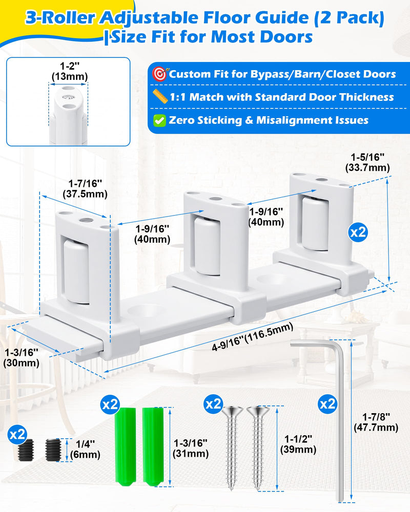 IWIWE Bypass Door Guide, White Sliding Closet Door Floor Guide, Adjustable 3-Roller Bottom Mount for Bypass & Double Bypass Doors, Sliding Door Upgrade Kit (2 Pack) 2