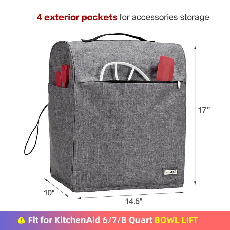 HOMEST Stand Mixer Dust Cover Compatible with KitchenAid 6/7/8 Quart Bowl Lift, Zipper Pocket for Various Kitchen Appliance Accessories, Grey (Patent Design) Fit for 6/7/8 Quart Bowl Lift