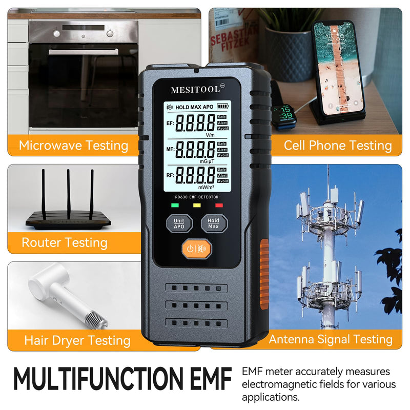 EMF Meter Digital Electromagnetic Field Radiation Detector Hand-held LCD 3 in 1 EMF Detector for EF/MF/RF,5G,WiFi for Home, Office and Outdoors (630W) 630W