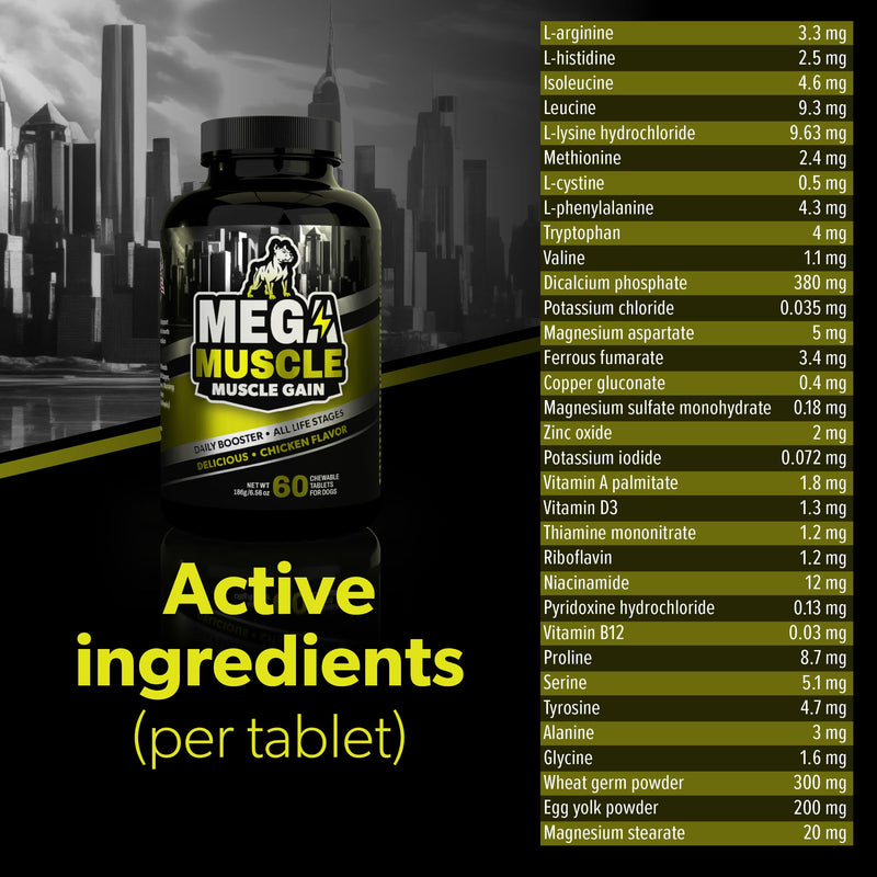 Mega Muscle - 60 Tablets Muscle Gain | Daily Booster Chewable Tablets Multivitamin for Dogs in All Life Stages | High Protein, Weight Gain Puppy & Adult Dog Supplement | Chicken Flavor