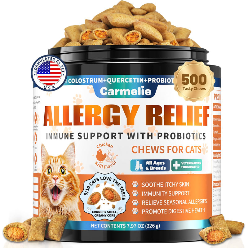 Cat Allergy Relief Treats, 500 Crunchy & Creamy Chews, Allergy Relief for Cats with Colostrum, Probiotics - Itchy Skin & Paw Licking, Immune Support, Seasonal Allergies - Chicken and Krill Flavor