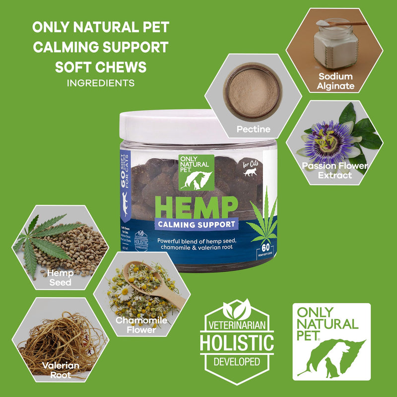 Only Natural Pet Calming Hemp Soft Chews - Relaxation Composure Sedative Tranquilizer Treats for Cat Stress Reduction w/Soothing Botanicals Supports Sleep Aid Quiet Travel Chill Vet Visit - 60 Count - PawsPlanet Australia