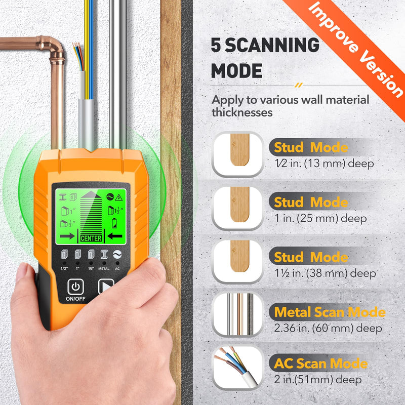 Stud Finder Wall Scanner Detector - 5 in 1 Electronic Wall Wood Metal Stud Locator Edge Center Sensor Beam for Live AC Wire Pipe Metal Lumber Joist Drywall Framing Detection（Yellow）