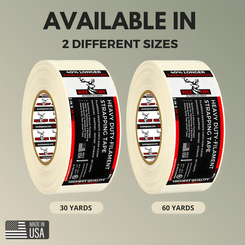 Buck Strapping Tape 2 Inch x 30 Yds (90ft) - 5.5Mil Thickness, Heavy Duty Industrial Grade Mono Directional Fiberglass Reinforced Filament Tape with Synthetic PET Adhesive for Bundling & Palletizing 2 Inch x 30 Yards 1 Pack