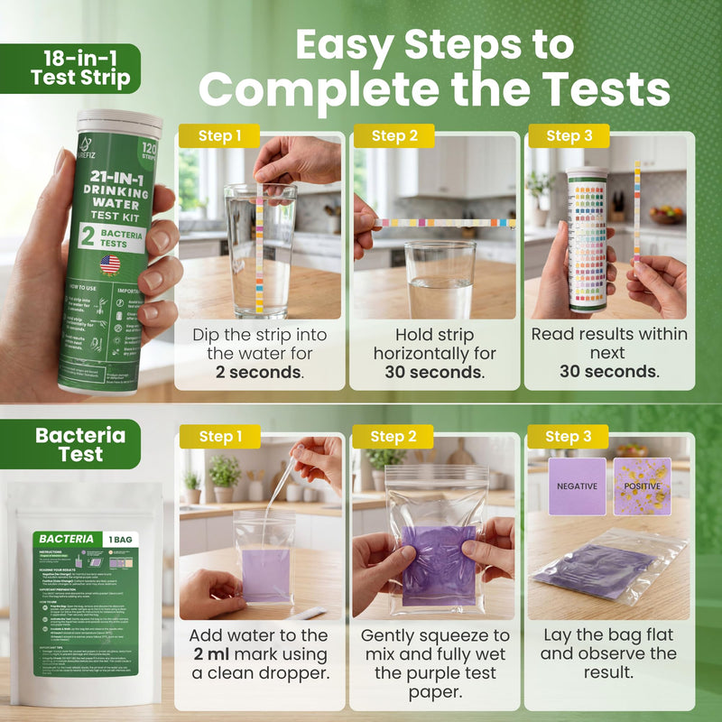 21-in-1 Drinking Water Test Kit – 120 Strips + 2 Bacteria Tests – Easy DIY Testing for Tap, Well & Spring Water – Tests Lead, Fluoride, Iron, Hardness, pH, Chlorine, Copper, Bacteria & More Drinking Water Test Kit (120 Pack)