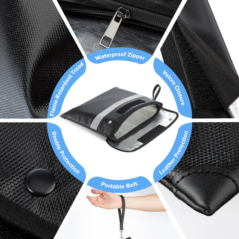 Fireproof Document Bag - 6200°F Important Document Bags with Zipper, Water Resistant Fire Proof Money Bags for Cash, Cell Phone, Tablet, Credit Card,Passport and Valuables (14.2"x11.2", Black)