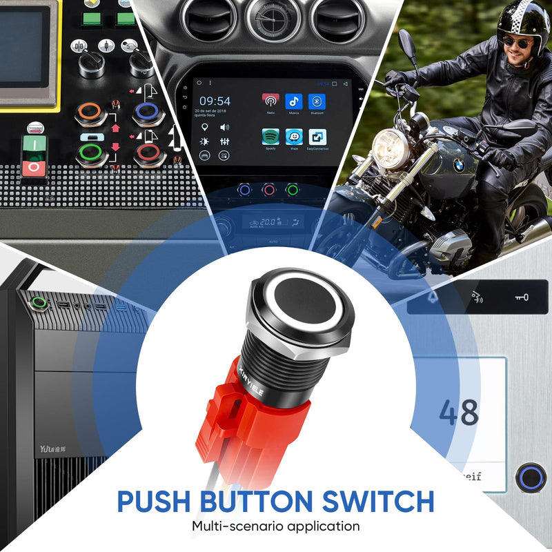 16MM Latching 12V Push Button Switch On Off,Waterproof with LED Light Power Button Switch for car，0.63" Mounting Hole with Wire Socket Plug Self-Locking(Ring White LED/Black Shell) Black Shell