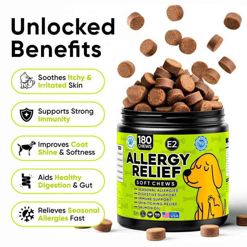 Dog Allergy Relief Chews – Anti Itch for Dogs with Colostrum & Salmon Oil – Reduces Paw Licking & Hot Spots – Omega 3 Fish Oil - Dry Skin & Coat Supplement for a Happy, Healthy Pup - 180 Count