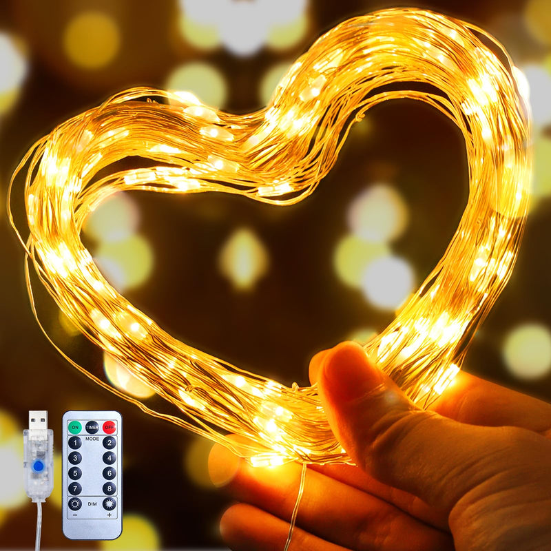 Minetom USB Fairy Lights Plug in, 33 ft 100 LED Twinkle String Lights with Remote and Timer, Waterproof 8 Modes Starry Lights for Indoor Wreath DIY Party Wedding Christmas Decoration, Warm White 1 Pack