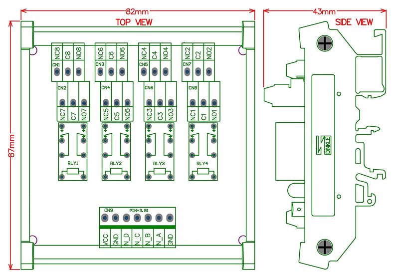 Electronics-Salon DIN Rail Mount 4 DPDT Signal Relay Interface Module, DC 5V Version.