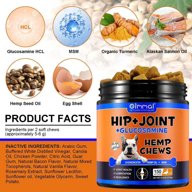 Joint & Hip Chews for Dogs, Dog Hip and Joint Supplement with Glucosamine, MSM, Vitamin & Turmeric Support Mobility & Joint Pain Relief for Small, Medium and Large Dogs - 150 Soft Chews / Duck Flavor