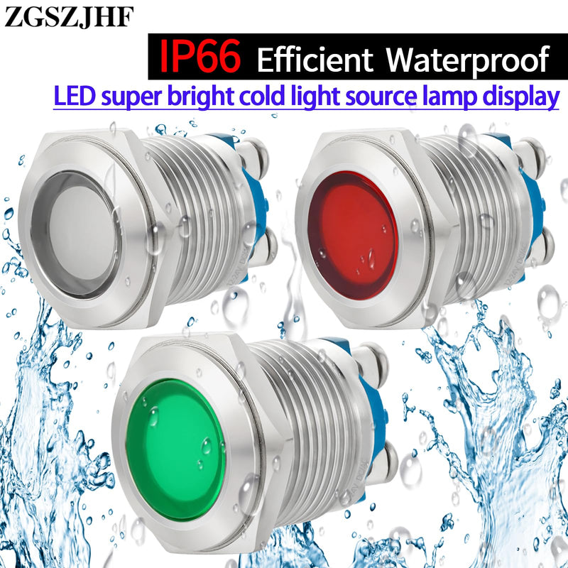 16mm 5/8" Indicator Light Blue Waterproof Large Light Stainless Steel Signal Lamp 12 Volt Led Lights 12V-24V DC/AC LED Pilot Lamp 12~24V