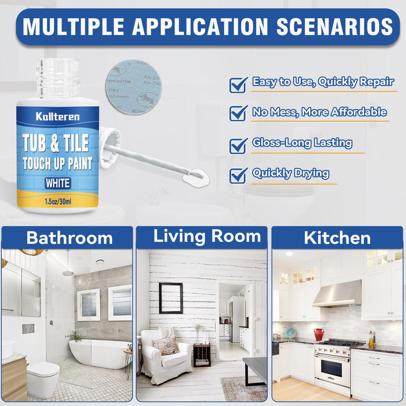 Tub and Tile Paint, White Touch Up Paint Pen, White Paint for Countertop, Bathtub, Porcelain Paint for Any Scratches Spots on Tiles, Sinks, Enamel, Toilets, 1.5 Fl Oz