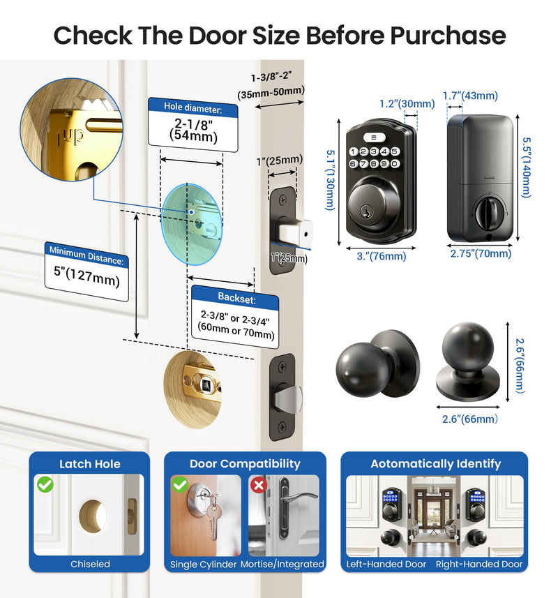 Veise Keyless Entry Door Lock with 2 Knobs, Electronic Backlit Keypad Deadbolt with Handle Set, Auto Lock, One-time Codes, Smart Deadbolt for Front Door, Easy Installation, Matte Black Knob