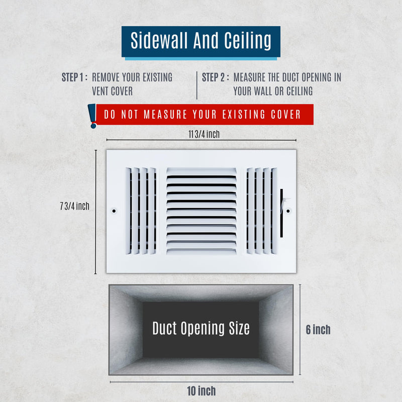 Fits 10x6 Duct Opening 3 Way Steel Air Supply Diffuser by Handua | Register Vent Cover Grille for Sidewall and Ceiling | White | Outer Dimensions: 11.75" X 7.75" 10" X 6" Duct Size