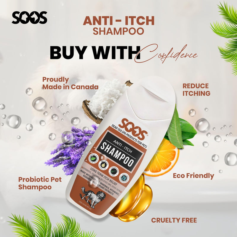 Soos Pet Shampoo Anti-Itch Cat and Dog Shampoo Dead Sea Minerals Fast Absorbing Soothes Itching Clean Fur with Vitamins Essential Oils Natural Ingredients - 1x Bottle (250ml) - PawsPlanet Australia