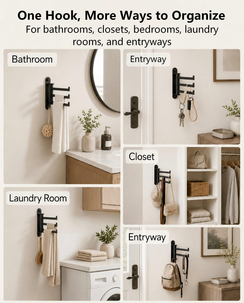 3 Arm Swivel Towel Hook, SUS 304 Stainless Steel Wall Mount, Oil Rubbed Finish, Contemporary Style (Matte Black) Matte Black
