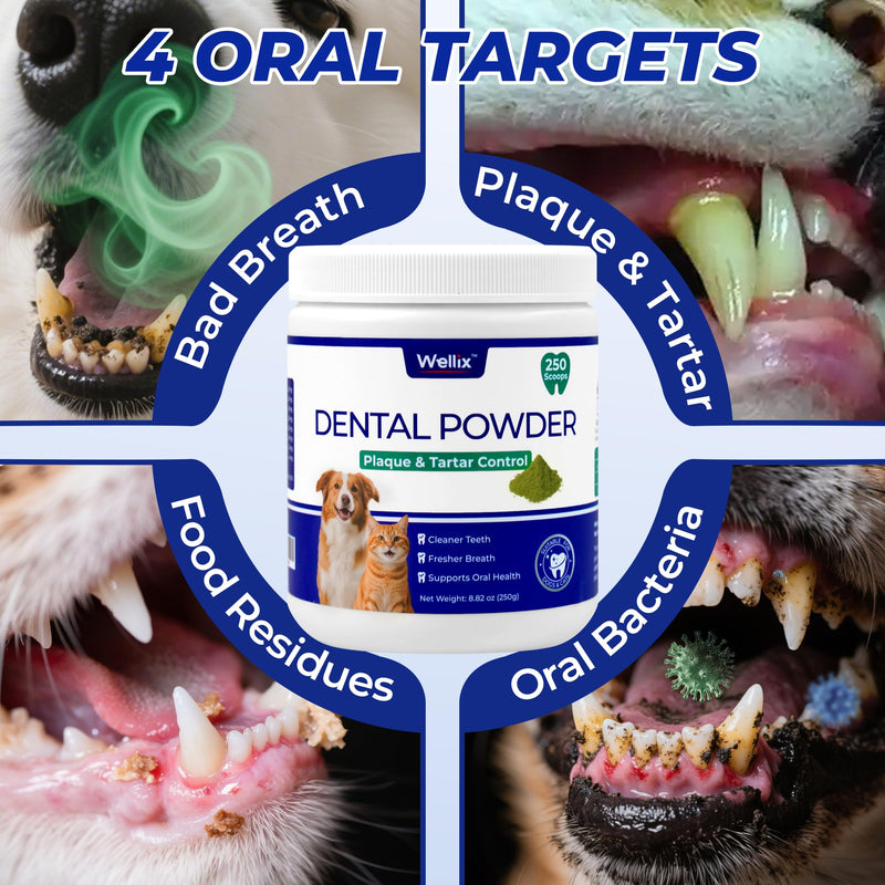 Wellix 8.82oz Dog Teeth Cleaning Powder - Dog Dental Care Powder and Cat Breath Freshener - Plaque and Tartar Remover with Enzymes & Mint for Dogs & Cats of All Ages and Breeds