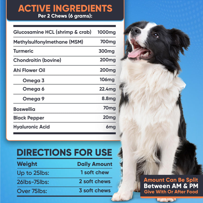 Senior Dog Joint Supplement -1000mg Glucosamine for Dogs -Advanced Hip & Joint Support Chews w/Glucosamine, Chondroitin, MSM, Turmeric & Omega 3 for Pain & Inflammation Relief, Improved Mobility - PawsPlanet Australia